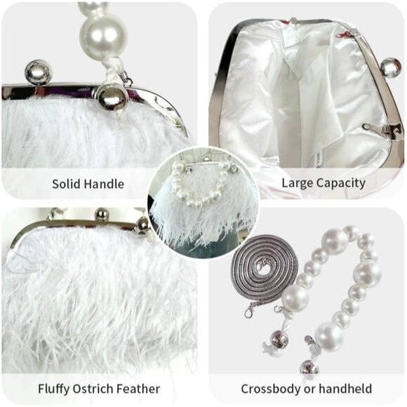 ⚡Women's Fluffy Ostrich Feather Pearl Banquet Evening White Clutch Bag - Picture 5 of 6